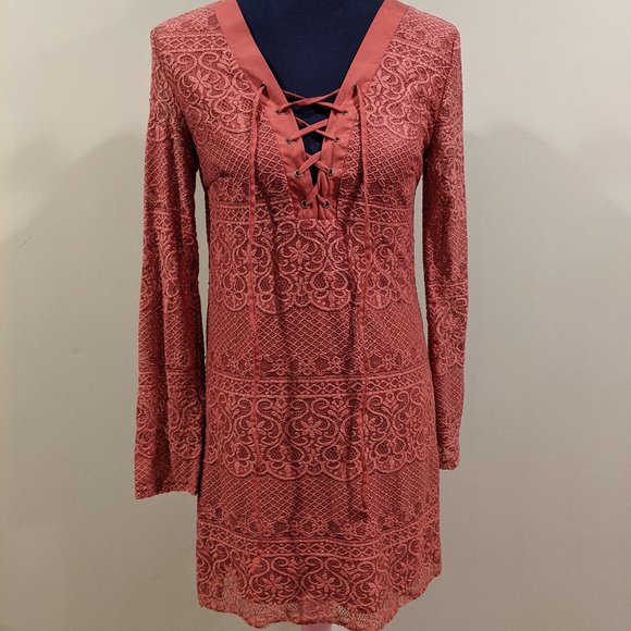 Lace Long Bell Sleeve Dress with Ties - Picture 1 of 8